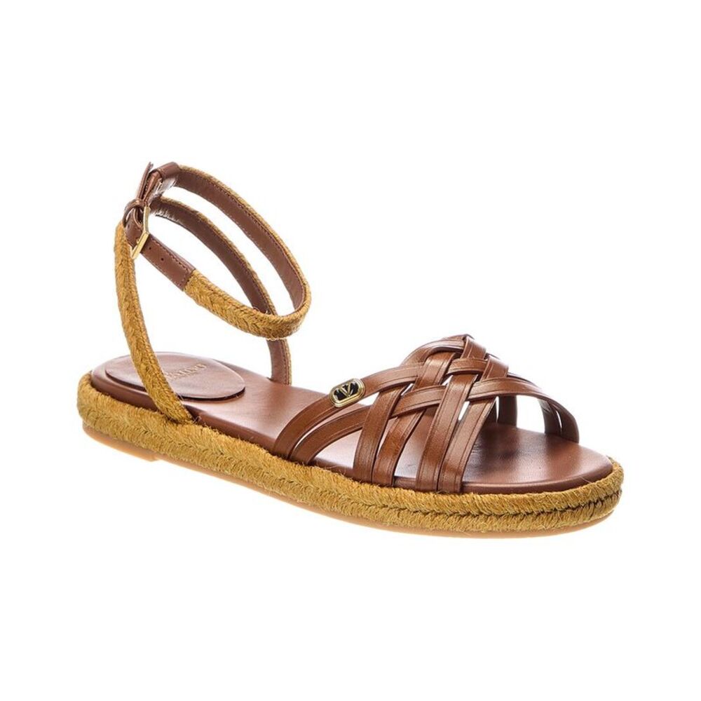 Valentino Vlogo Signature Leather & Rafia Sandal, Brown